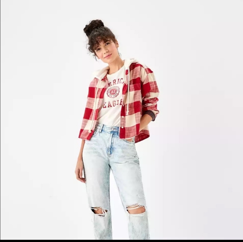 American Eagle Cropped Hoodie Flannel